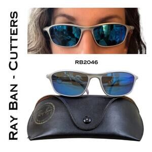 Ray-Ban RB2046 Cutters Sunglasses Silver Blue Mirror Wrap Rx Lenses w/ Case Y2K